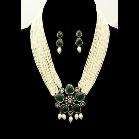 Green Onyx Gemstone with Victorian Polish & Multi Layered Pearl Strands.