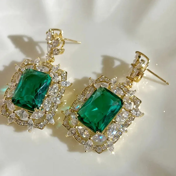 Green Cubic Zirconia & Rhinestone Decor Drop Earrings