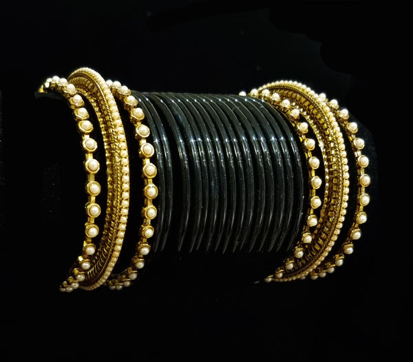 ( 2.8 ) Designer black glass bangles with pearl metal bangles and kada set