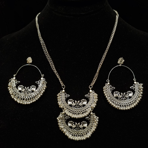 Afghani Oxidised Silver- plated Jewellery Stylish Antique Long Necklace Set