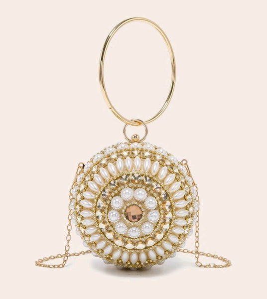 Rhinestone & faux pearl decor chain circle bag.