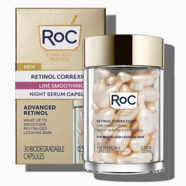 RoC Retinol Correxion Anti-Aging Wrinkle Night Serum, Daily Line Smoothing Skin Care Treatment for Fine Lines, Dark Spots, Post-Acne Scars, 30 Individual Capsules, Unscented, 0.35 Fl Oz