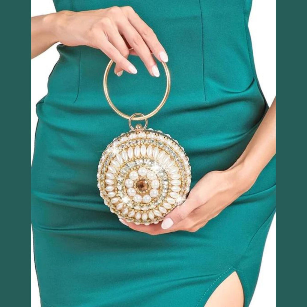Rhinestone & faux pearl decor chain circle bag. – Stylbl