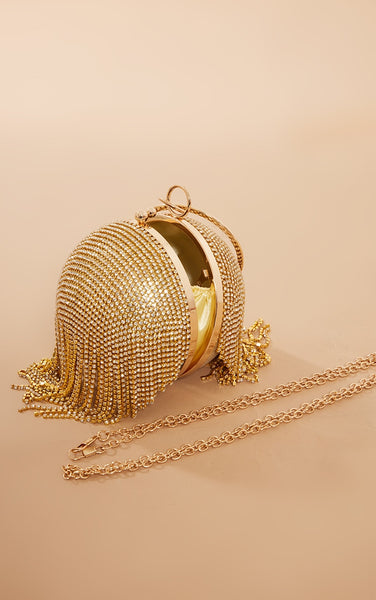 Gold Diamante Tassel Sphere Clutch