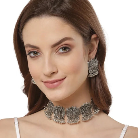 Oxidized Silver and Lotus Choker Necklace