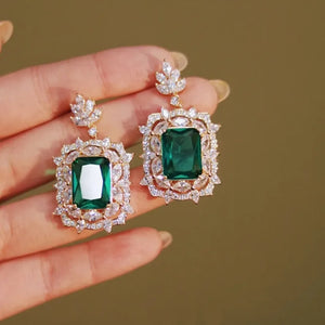 Green Cubic Zirconia & Rhinestone Decor Drop Earrings