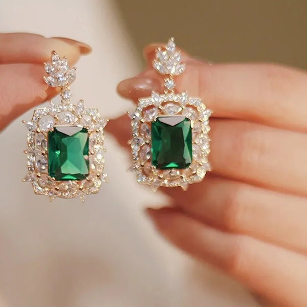 Green Cubic Zirconia & Rhinestone Decor Drop Earrings