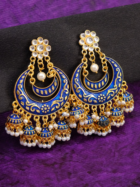 Statement chandbali in meenkari combined with pearl clusters 