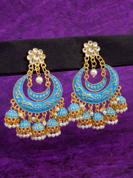 Statement chandbali in meenkari combined with pearl clusters 