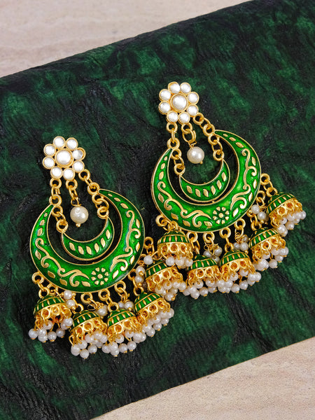 Statement chandbali in meenkari combined with pearl clusters 