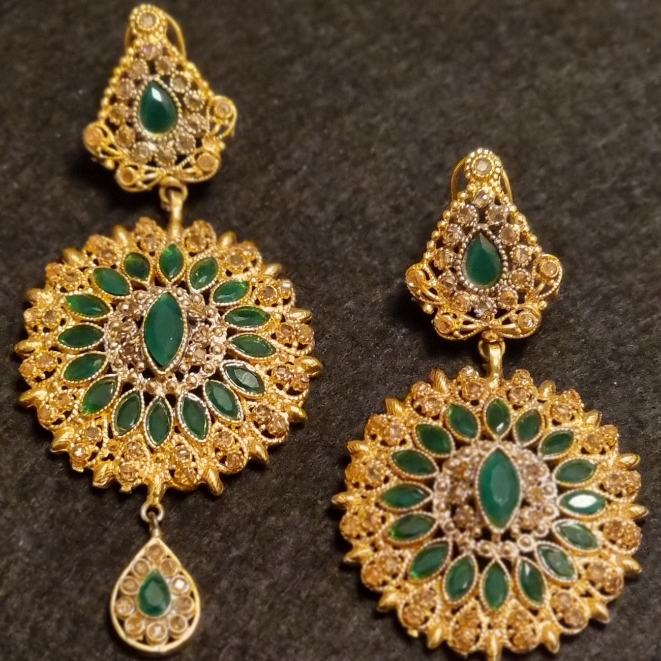 Gold Plated Emerald Studded Teardrop Shaped Earrings