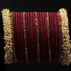 Traditional maroon velvet bangles set with pearl kangan