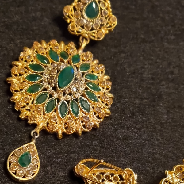 Gold Plated Emerald Studded Teardrop Shaped Earrings