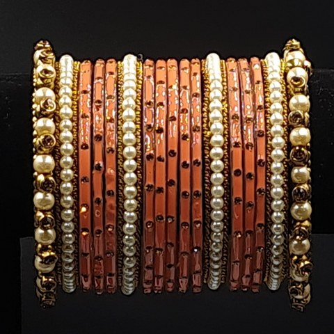 Ethnic royal peach bangles with beaded pearl kangan