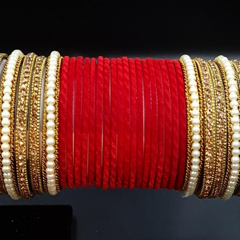 Antique gold finished pearl kada bangle red bridal chura