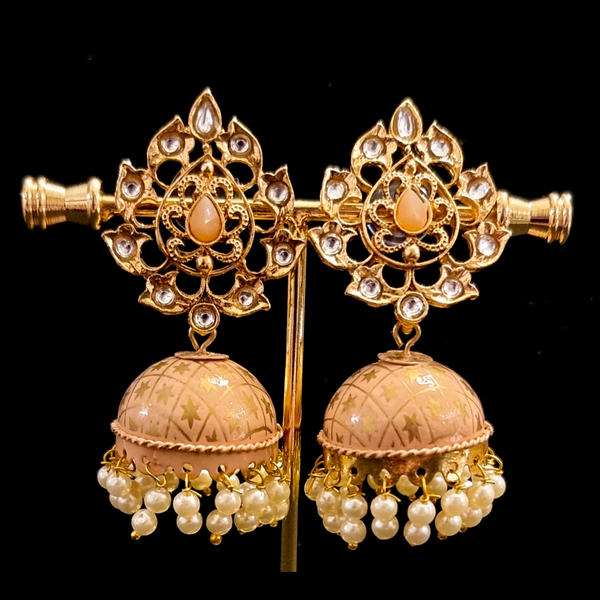 Hand crafted meenakari kundan jhumkas.