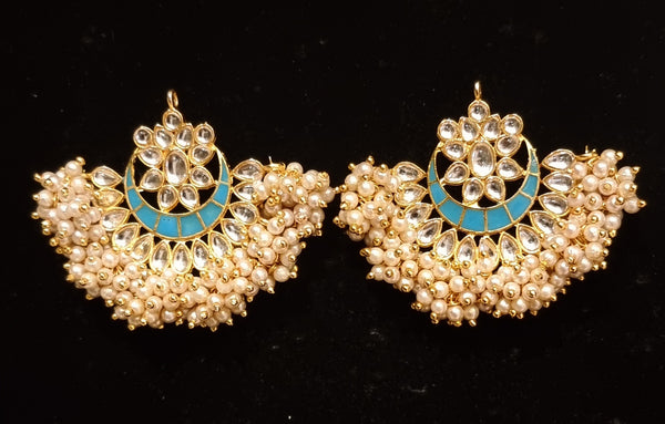 Hand painted kundan meenakari pearl chandbali earrings.