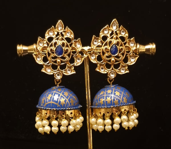 Hand crafted meenakari kundan jhumkas.