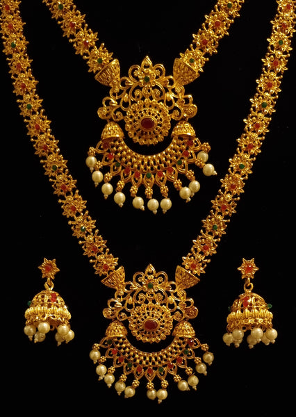 Ethnic south indian traditional long mala with choker and earrings.