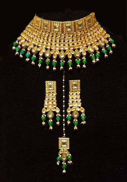 Indian Traditional Choker Emerald Pearl Kundan Bridal Jewelry Necklace Set