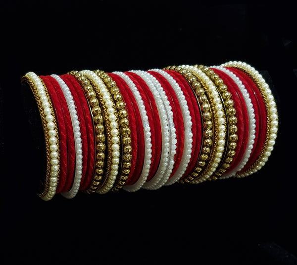 (2.6) Beautiful Red Velvet Chuda Stack With Pearl Kangan - Set