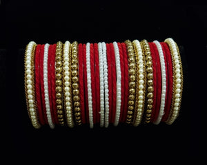 (2.6) Beautiful Red Velvet Chuda Stack With Pearl Kangan - Set