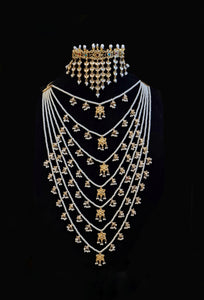 Maharaani kundan choker with 7 layered kundan malaa and earrings with nath and maang tikka.