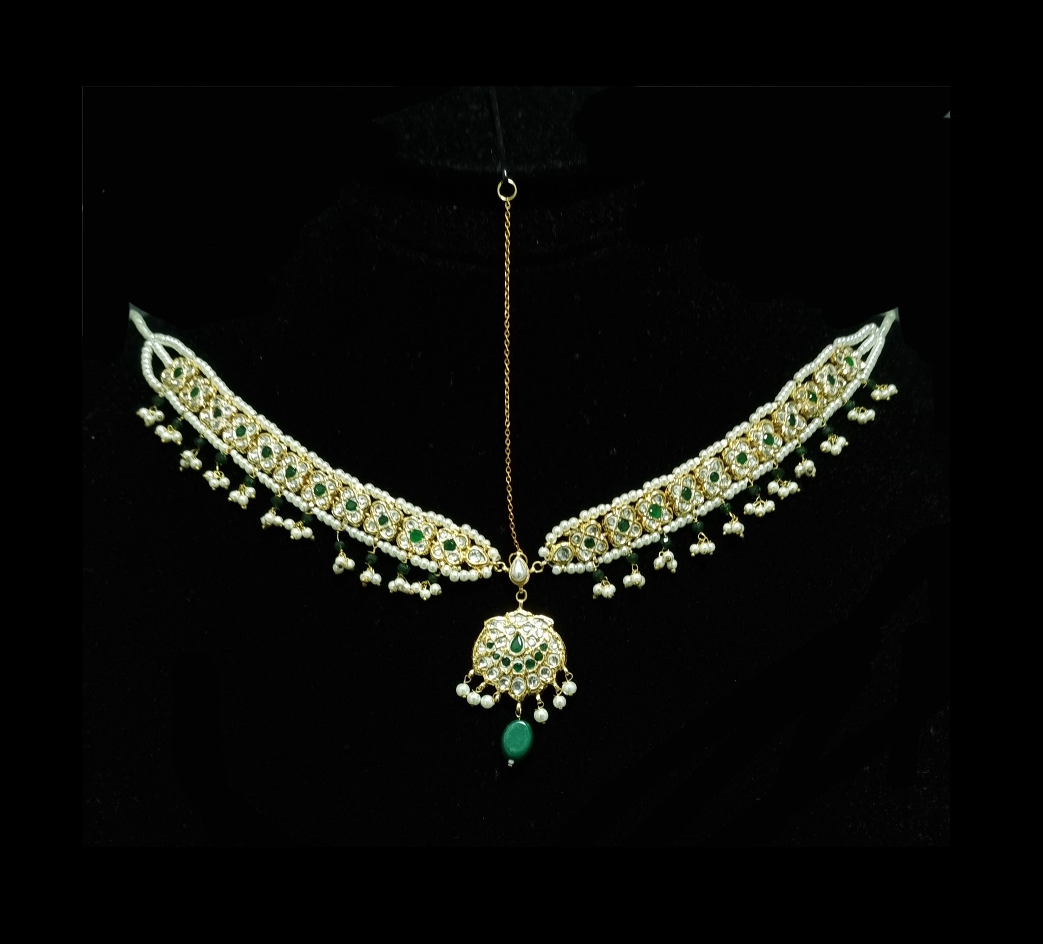 Gold-Plated White Kundan with Green Stones Matha-Patti