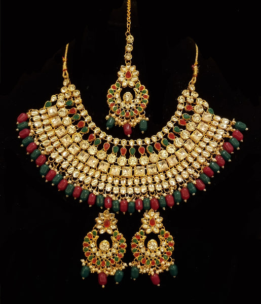 Semi-Bridal Gold Plated Kundan Choker With Earrings And Tikka