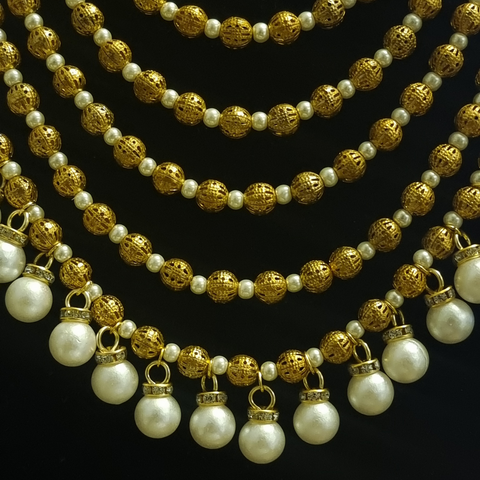 Unique faux pearls and filigree goldtone 5 strand malaa.