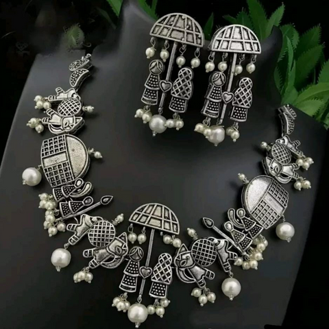 Indian German Silver Oxidized Tone Choker Necklace Doli Palki Jewellery Set