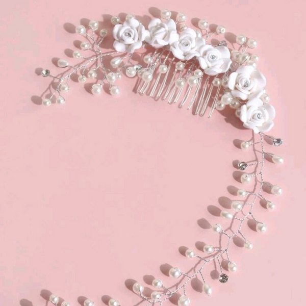 Faux pearl flower decor hair comb