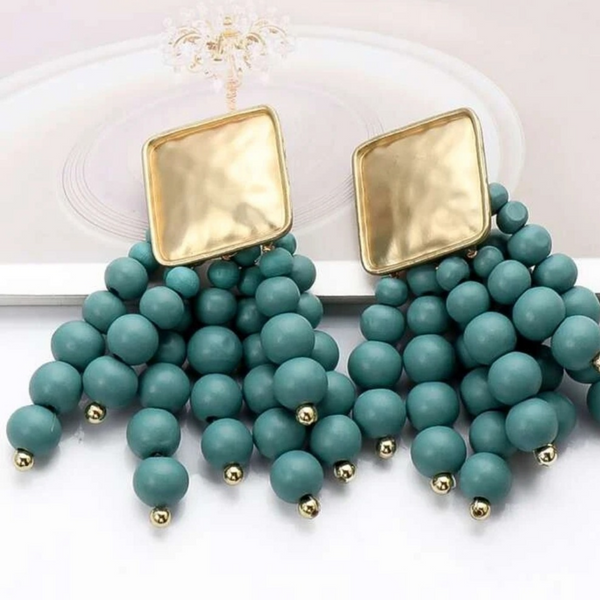 Stunning Satin Gold Tone, Wooden Bead Drop Earrings