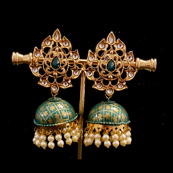 Hand crafted meenakari kundan jhumkas.