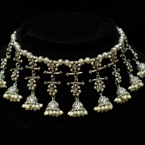 Boho Vintage Antique Ethnic Gypsy Tribal Indian Oxidized silver pearl Beaded Jhumki Tassels Statement Necklace Jewelry