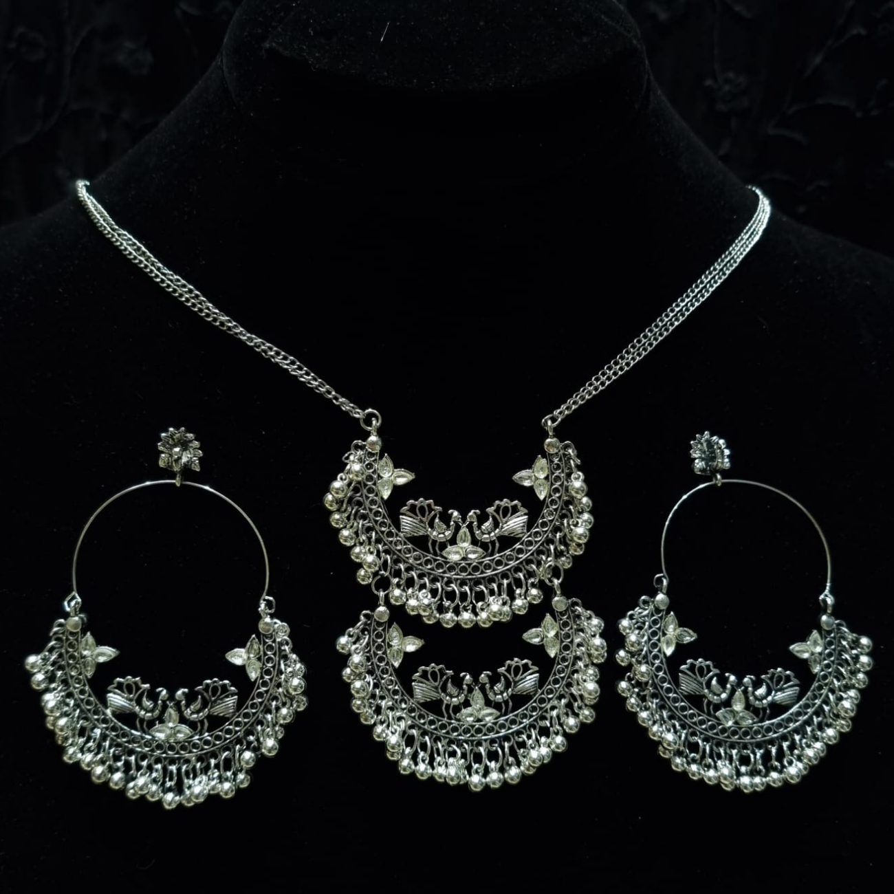 Afghani Oxidised Silver- plated Jewellery Stylish Antique Long Necklace Set