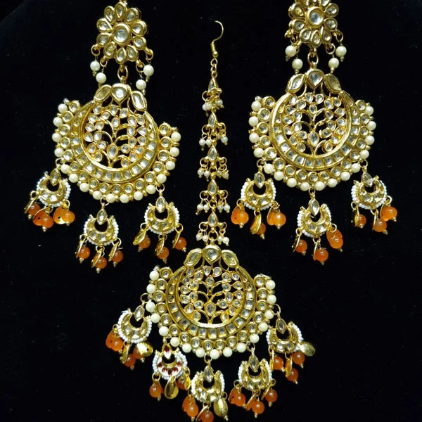 Gold Plated Traditional Bollywood Indian Kundan Earrings with maang Tikka Set