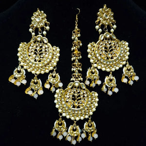 Gold Plated Traditional Bollywood Indian Kundan Earrings with maang Tikka Set