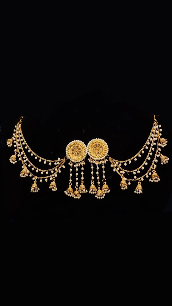 Gold Plated Pearl & Kundan Bahubali Earrings with Hair Chain for Women/Bahubali  earrings for women 1 Similar Products Bahubali earrings for women Bahubali  earrings for women/golden bahubali earring with chain for girls