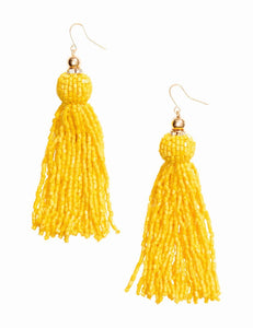 YELLOW CHANDELIER DROP EARRINGS.