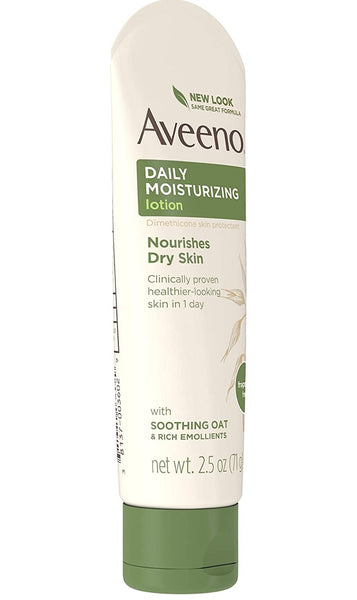 Aveeno Daily Moisturizing Body Lotion with Soothing Oat and Rich Emollients to Nourish Dry Skin, Fragrance-Free, 2.5 fl. oz