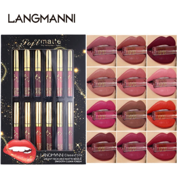 Langmanni 12pcs Classic Tint Soft Matte Liquid Lipstick Set L9800