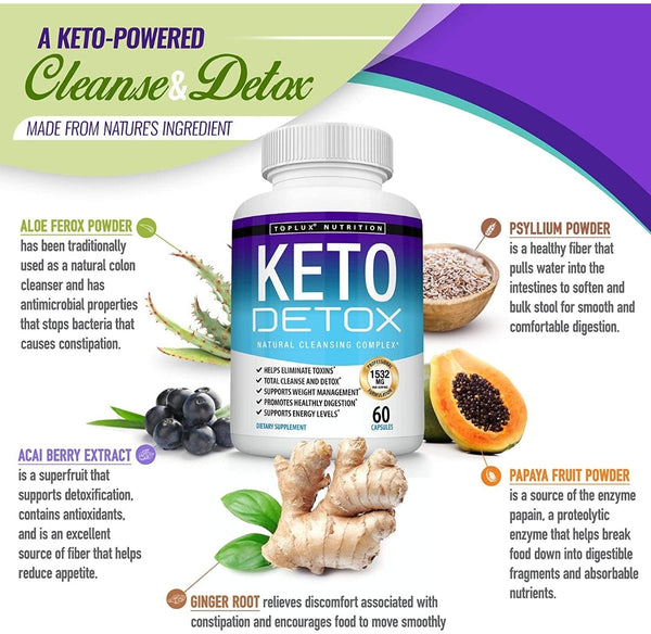 Keto Detox Pills Advanced Cleansing Extract – 1532 Mg Natural Acai Colon Cleanser Formula Using Ketosis & Ketogenic Diet, Flush Toxins & Excess Waste, for Men Women, 60 Capsules, Toplux Supplement