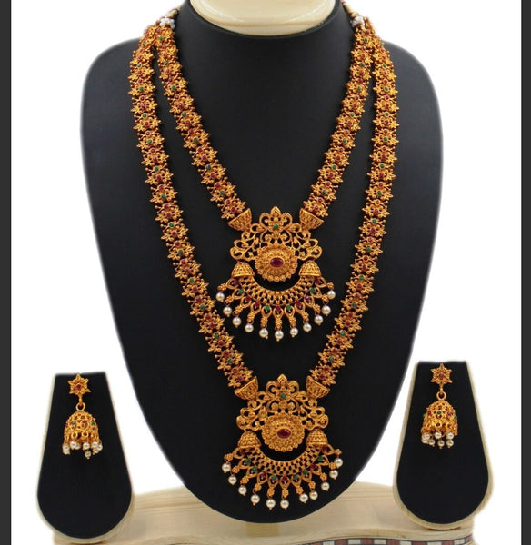 Ethnic south indian traditional long mala with choker and earrings.