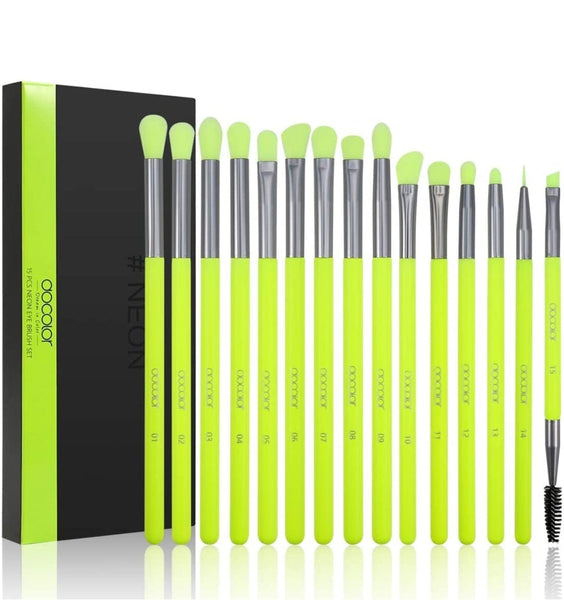 Docolor Eyeshadow Brush Set 15Pcs Neon Green Eye Makeup Brushes Professional Makeup Brushes Set Eye Shadow Blending Concealer Eyebrow Eyelash Eye Liners Premium Synthetic Make Up Brush with Case