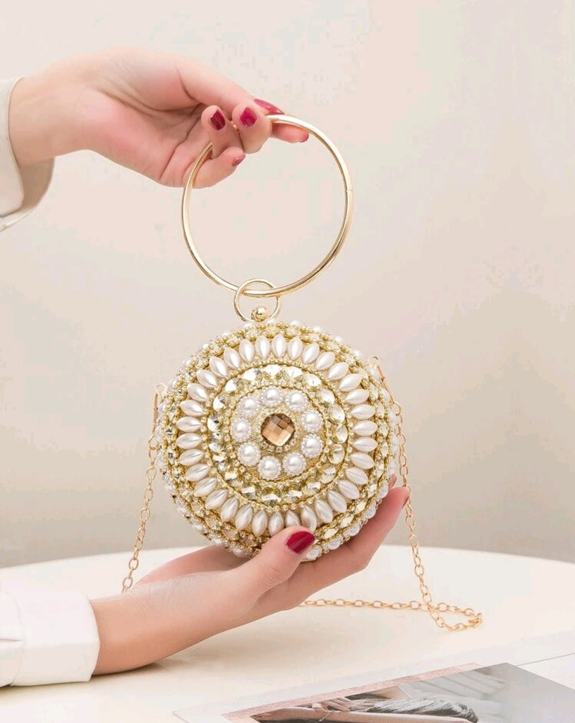 Rhinestone & faux pearl decor chain circle bag. – Stylbl
