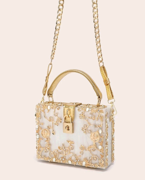 Rhinestone & metal decor chain box bag.