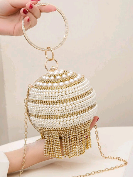 Rhinestone tassel & faux pearl decor circle bag.