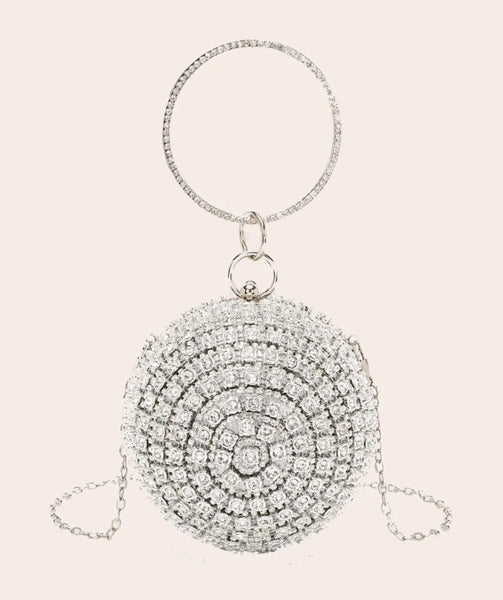 Silver rhinestone decor top ring circle bag.