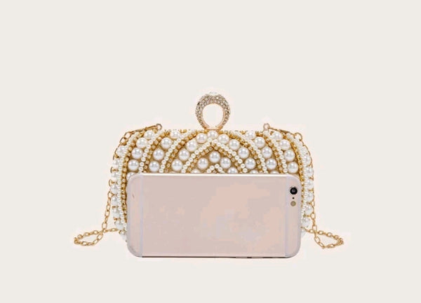 Allover faux pearl & rhinestone decor chain evening bag.